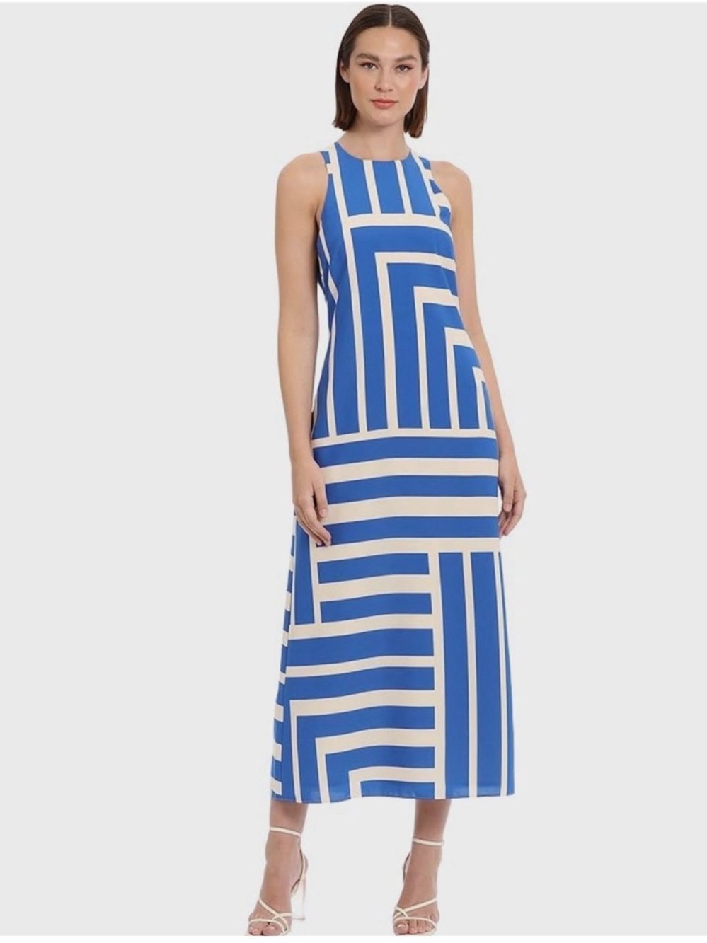 Donna Morgan Bold Royal Blue and White Stripe Geometric Maxi Dress